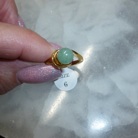 18k Yellow Gold EP Green Aventurine Dolphin Ore Ring - Picture 3 of 10